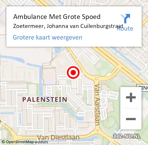 Locatie op kaart van de 112 melding: Ambulance Met Grote Spoed Naar Zoetermeer, Johanna van Cuilenburgstraat op 5 mei 2024 18:46