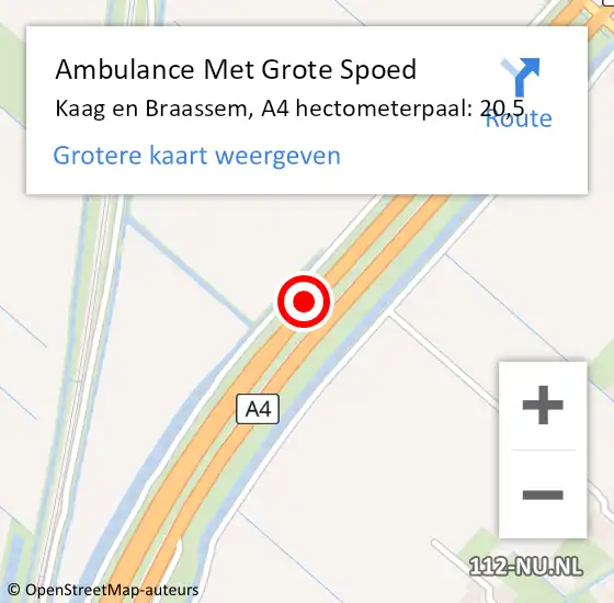 Locatie op kaart van de 112 melding: Ambulance Met Grote Spoed Naar Kaag en Braassem, A4 hectometerpaal: 20,5 op 5 mei 2024 19:13