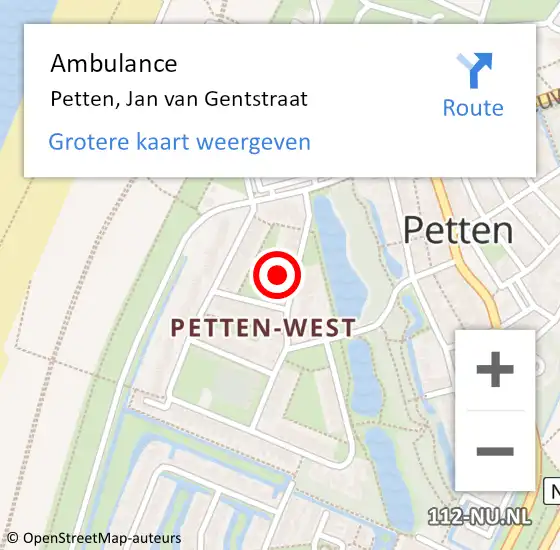 Locatie op kaart van de 112 melding: Ambulance Petten, Jan van Gentstraat op 5 mei 2024 19:18