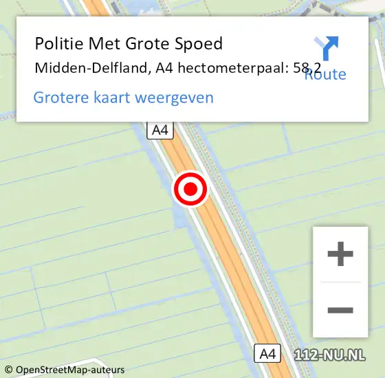 Locatie op kaart van de 112 melding: Politie Met Grote Spoed Naar Midden-Delfland, A4 hectometerpaal: 58,2 op 5 mei 2024 20:52