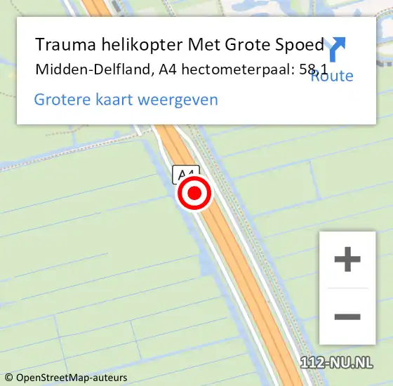 Locatie op kaart van de 112 melding: Trauma helikopter Met Grote Spoed Naar Midden-Delfland, A4 hectometerpaal: 58,1 op 5 mei 2024 20:57