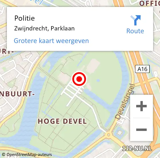 Locatie op kaart van de 112 melding: Politie Zwijndrecht, Parklaan op 5 mei 2024 21:38