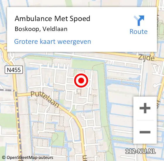 Locatie op kaart van de 112 melding: Ambulance Met Spoed Naar Boskoop, Veldlaan op 5 mei 2024 22:32