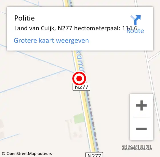Locatie op kaart van de 112 melding: Politie Land van Cuijk, N277 hectometerpaal: 114,6 op 5 mei 2024 22:37