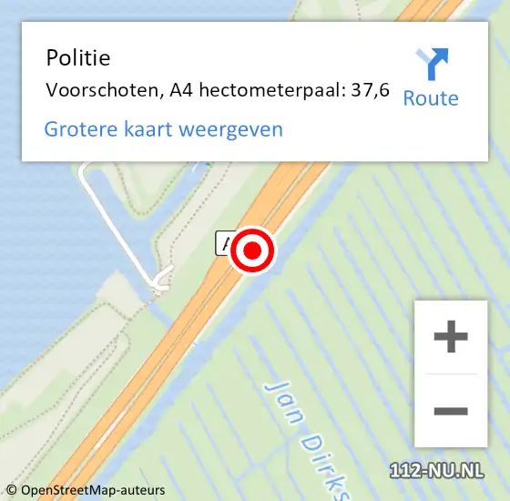 Locatie op kaart van de 112 melding: Politie Voorschoten, A4 hectometerpaal: 37,6 op 6 mei 2024 00:26