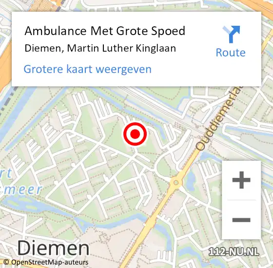 Locatie op kaart van de 112 melding: Ambulance Met Grote Spoed Naar Diemen, Martin Luther Kinglaan op 6 mei 2024 04:11