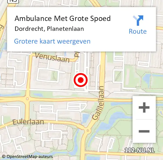 Locatie op kaart van de 112 melding: Ambulance Met Grote Spoed Naar Dordrecht, Planetenlaan op 6 mei 2024 08:37