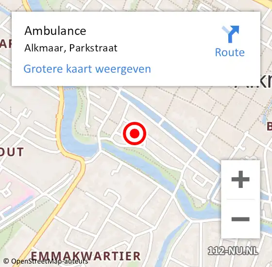 Locatie op kaart van de 112 melding: Ambulance Alkmaar, Parkstraat op 6 mei 2024 09:06