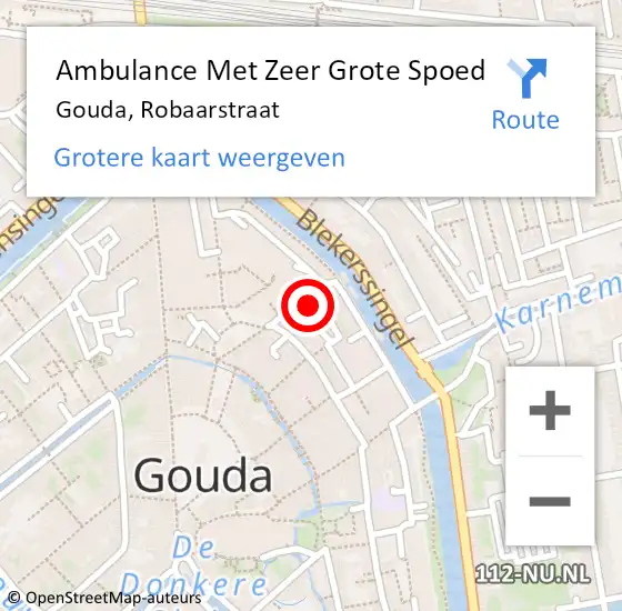 Locatie op kaart van de 112 melding: Ambulance Met Zeer Grote Spoed Naar Gouda, Robaarstraat op 6 mei 2024 09:09