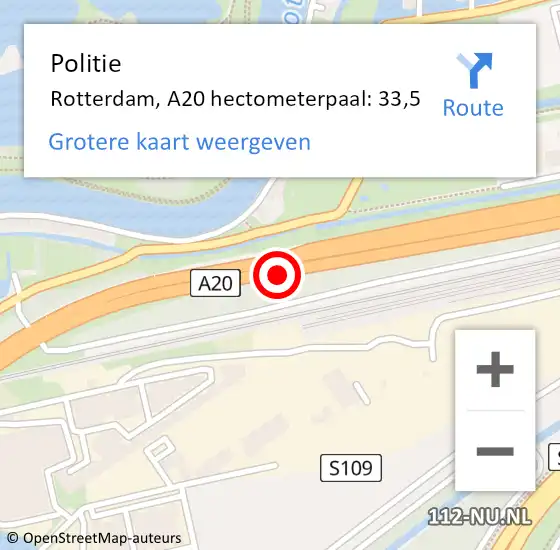 Locatie op kaart van de 112 melding: Politie Rotterdam, A20 hectometerpaal: 33,5 op 6 mei 2024 10:50