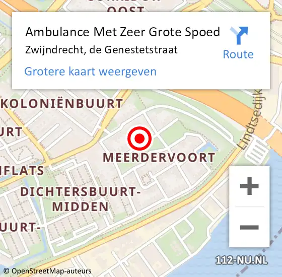 Locatie op kaart van de 112 melding: Ambulance Met Zeer Grote Spoed Naar Zwijndrecht, de Genestetstraat op 6 mei 2024 11:18