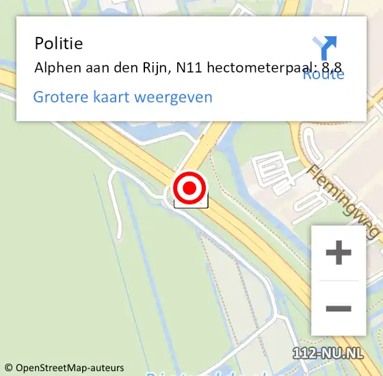 Locatie op kaart van de 112 melding: Politie Alphen aan den Rijn, N11 hectometerpaal: 8,8 op 6 mei 2024 11:34