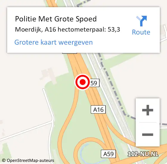 Locatie op kaart van de 112 melding: Politie Met Grote Spoed Naar Moerdijk, A16 hectometerpaal: 53,3 op 6 mei 2024 12:03