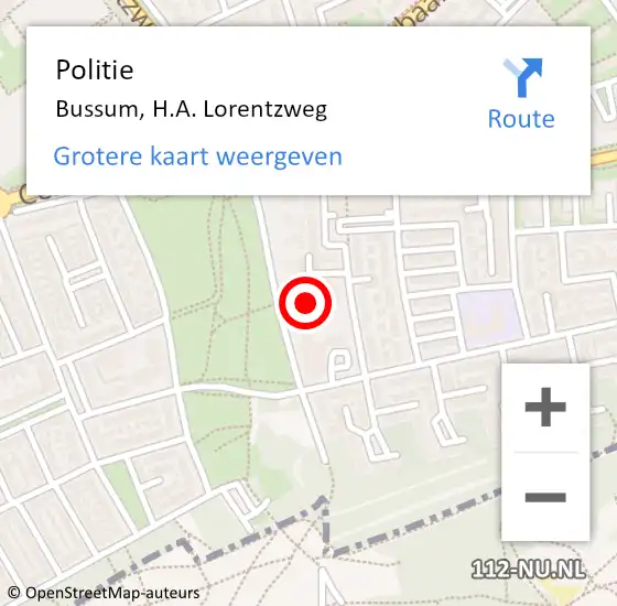 Locatie op kaart van de 112 melding: Politie Bussum, H.A. Lorentzweg op 6 mei 2024 12:18