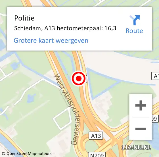 Locatie op kaart van de 112 melding: Politie Schiedam, A13 hectometerpaal: 16,3 op 6 mei 2024 12:36
