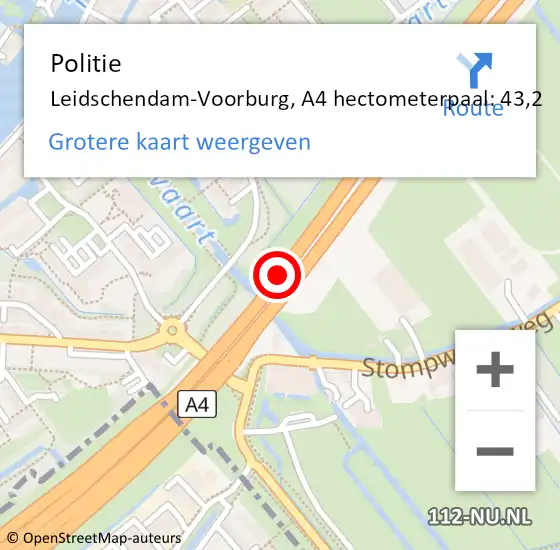 Locatie op kaart van de 112 melding: Politie Leidschendam-Voorburg, A4 hectometerpaal: 43,2 op 6 mei 2024 12:51