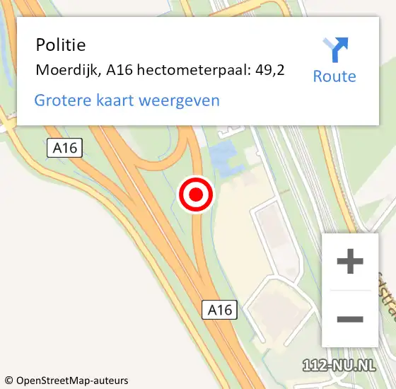 Locatie op kaart van de 112 melding: Politie Moerdijk, A16 hectometerpaal: 49,2 op 6 mei 2024 16:56