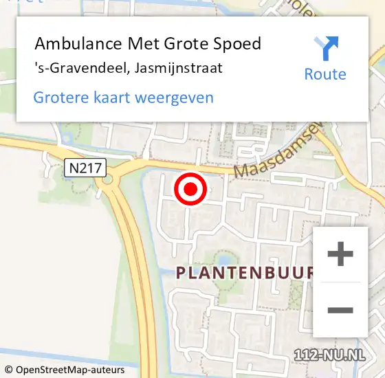 Locatie op kaart van de 112 melding: Ambulance Met Grote Spoed Naar 's-Gravendeel, Jasmijnstraat op 6 mei 2024 19:26