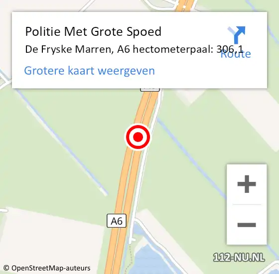 Locatie op kaart van de 112 melding: Politie Met Grote Spoed Naar De Fryske Marren, A6 hectometerpaal: 306,1 op 6 mei 2024 20:14