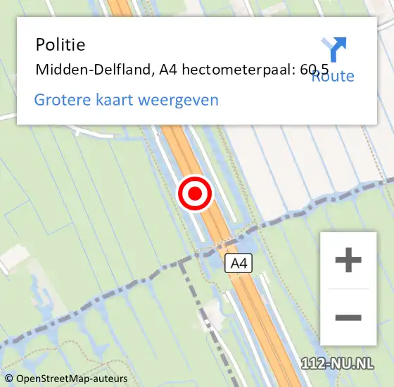 Locatie op kaart van de 112 melding: Politie Midden-Delfland, A4 hectometerpaal: 60,5 op 6 mei 2024 20:41