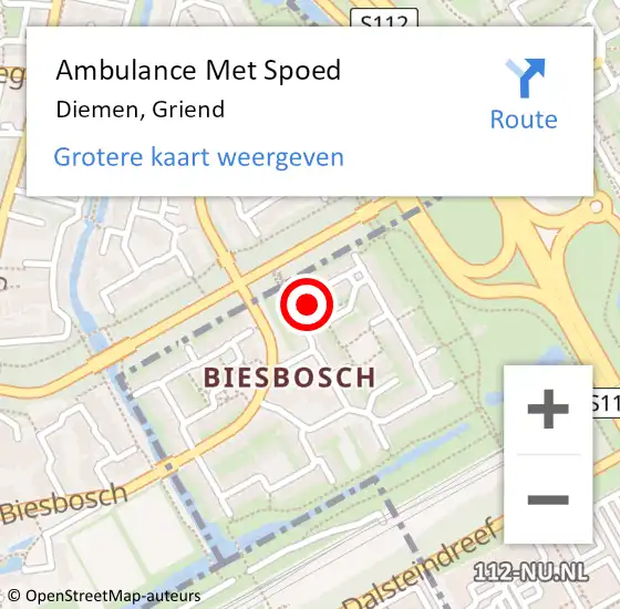 Locatie op kaart van de 112 melding: Ambulance Met Spoed Naar Diemen, Griend op 6 mei 2024 21:30