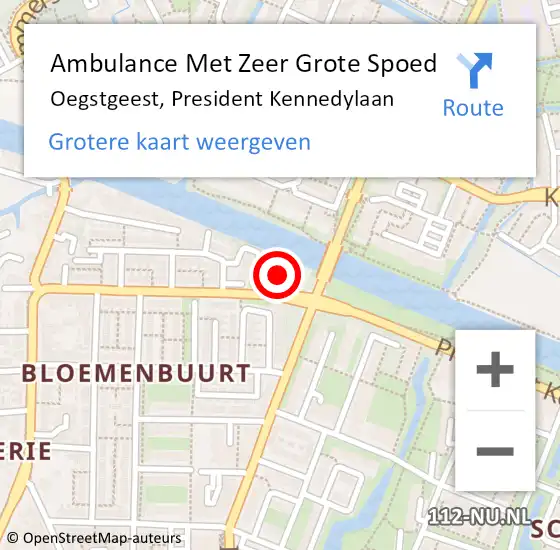 Locatie op kaart van de 112 melding: Ambulance Met Zeer Grote Spoed Naar Oegstgeest, President Kennedylaan op 6 mei 2024 22:45