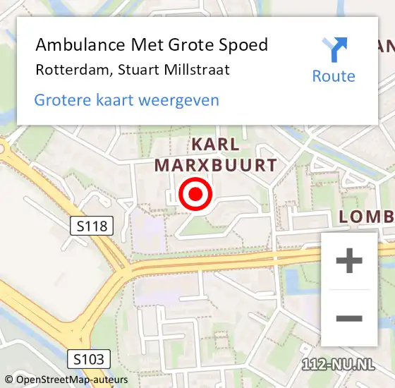 Locatie op kaart van de 112 melding: Ambulance Met Grote Spoed Naar Rotterdam, Stuart Millstraat op 7 mei 2024 02:03