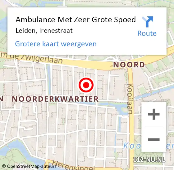 Locatie op kaart van de 112 melding: Ambulance Met Zeer Grote Spoed Naar Leiden, Irenestraat op 7 mei 2024 05:47