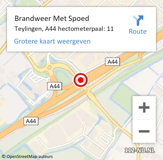 Locatie op kaart van de 112 melding: Brandweer Met Spoed Naar Teylingen, A44 hectometerpaal: 11 op 7 mei 2024 05:52