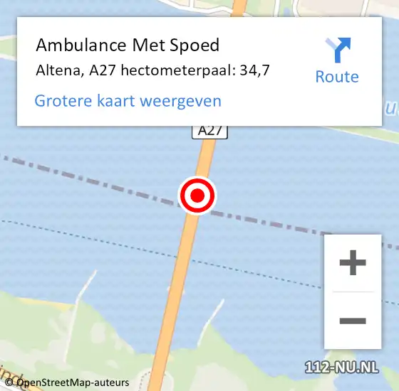 Locatie op kaart van de 112 melding: Ambulance Met Spoed Naar Altena, A27 hectometerpaal: 34,7 op 7 mei 2024 07:31