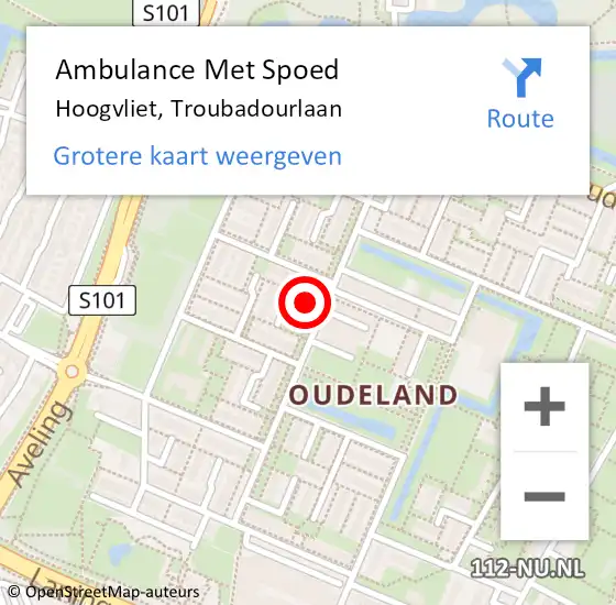 Locatie op kaart van de 112 melding: Ambulance Met Spoed Naar Hoogvliet, Troubadourlaan op 7 mei 2024 07:52