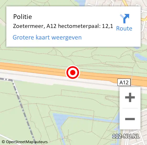Locatie op kaart van de 112 melding: Politie Zoetermeer, A12 hectometerpaal: 12,1 op 7 mei 2024 08:51