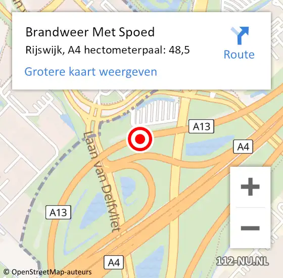 Locatie op kaart van de 112 melding: Brandweer Met Spoed Naar Rijswijk, A4 hectometerpaal: 48,5 op 7 mei 2024 12:50