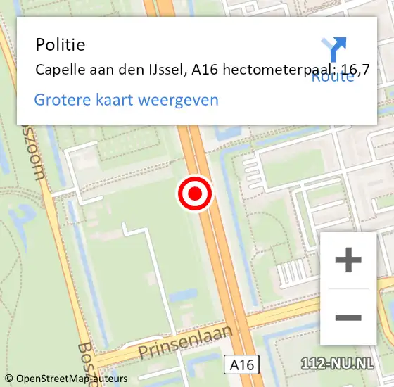 Locatie op kaart van de 112 melding: Politie Capelle aan den IJssel, A16 hectometerpaal: 16,7 op 7 mei 2024 13:25