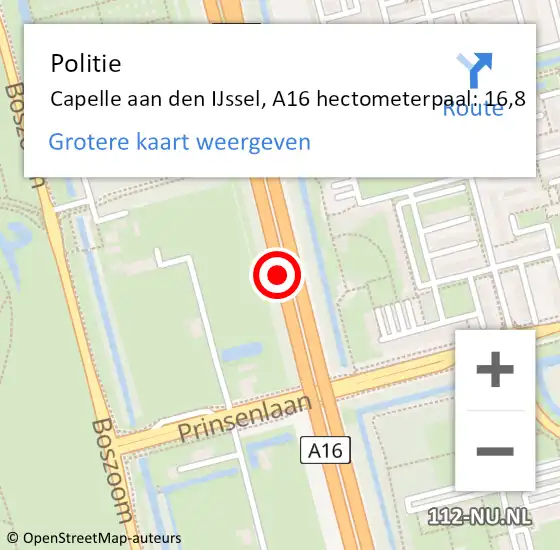 Locatie op kaart van de 112 melding: Politie Capelle aan den IJssel, A16 hectometerpaal: 16,8 op 7 mei 2024 13:29