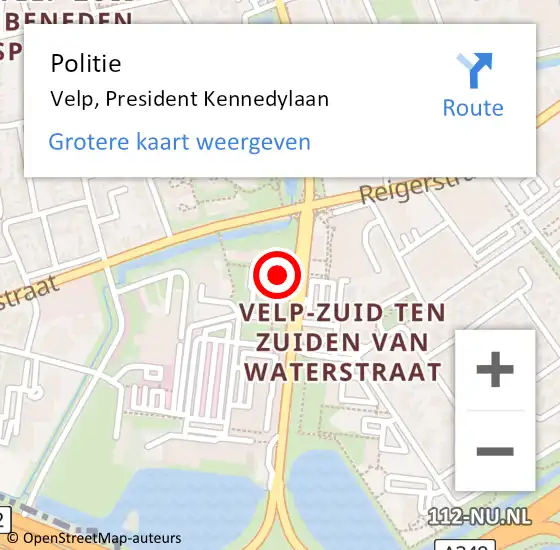 Locatie op kaart van de 112 melding: Politie Velp, President Kennedylaan op 7 mei 2024 14:01