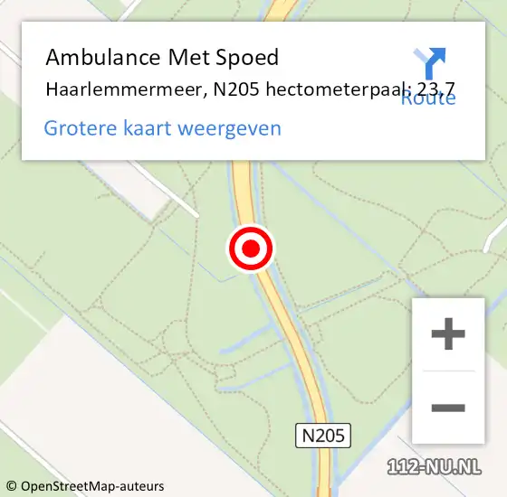 Locatie op kaart van de 112 melding: Ambulance Met Spoed Naar Haarlemmermeer, N205 hectometerpaal: 23,7 op 7 mei 2024 15:20