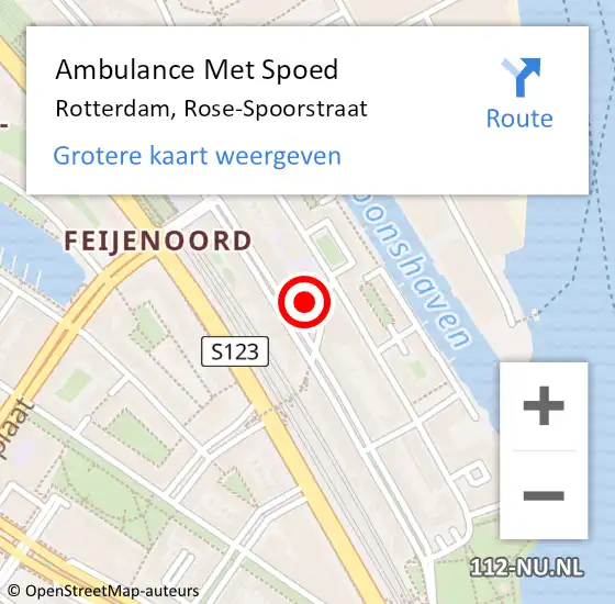 Locatie op kaart van de 112 melding: Ambulance Met Spoed Naar Rotterdam, Rose-Spoorstraat op 7 mei 2024 16:09