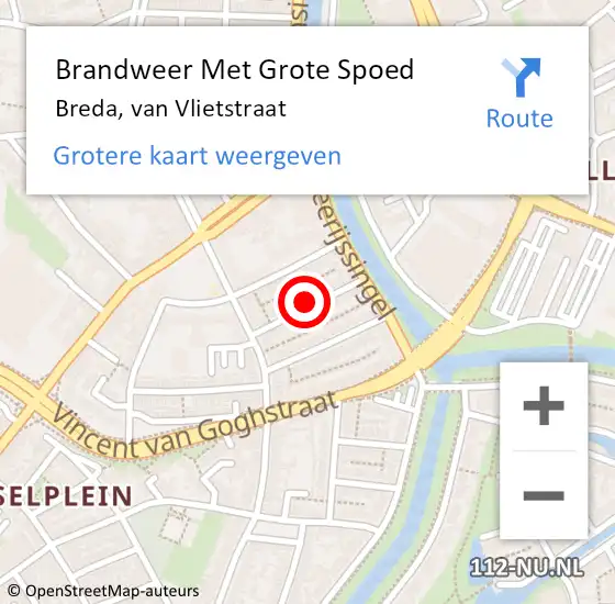Locatie op kaart van de 112 melding: Brandweer Met Grote Spoed Naar Breda, van Vlietstraat op 7 mei 2024 17:07