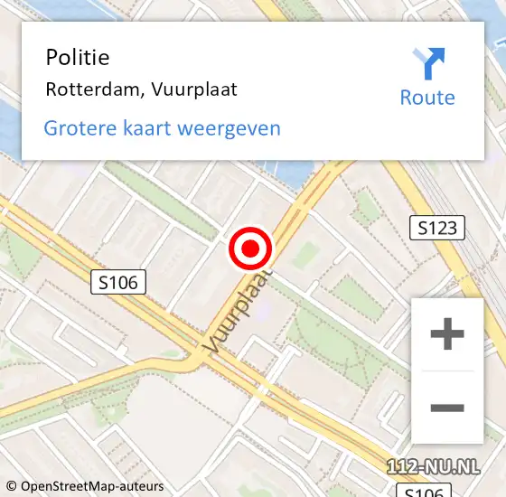 Locatie op kaart van de 112 melding: Politie Rotterdam, Vuurplaat op 7 mei 2024 19:27