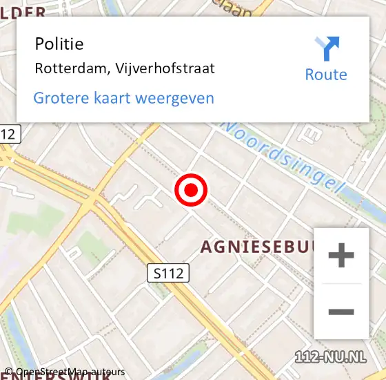 Locatie op kaart van de 112 melding: Politie Rotterdam, Vijverhofstraat op 7 mei 2024 19:42