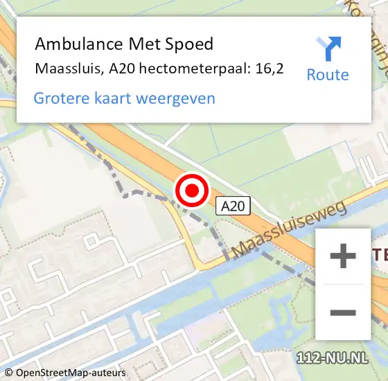 Locatie op kaart van de 112 melding: Ambulance Met Spoed Naar Maassluis, A20 hectometerpaal: 16,2 op 7 mei 2024 21:51