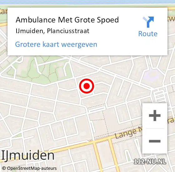 Locatie op kaart van de 112 melding: Ambulance Met Grote Spoed Naar IJmuiden, Planciusstraat op 7 mei 2024 22:00