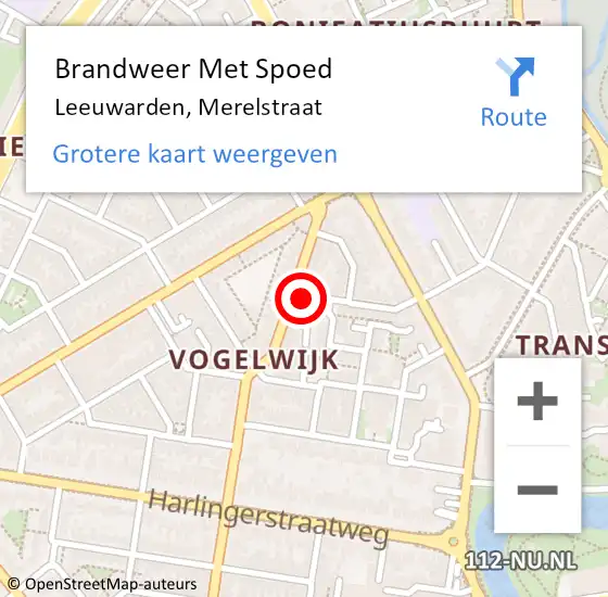 Locatie op kaart van de 112 melding: Brandweer Met Spoed Naar Leeuwarden, Merelstraat op 8 mei 2024 02:06