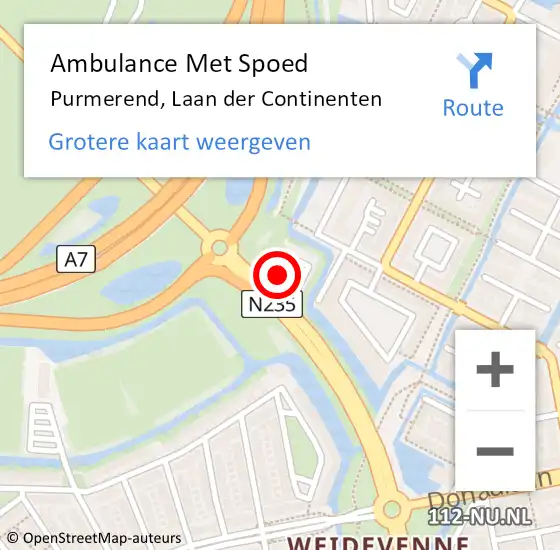 Locatie op kaart van de 112 melding: Ambulance Met Spoed Naar Purmerend, Laan der Continenten op 8 mei 2024 07:34