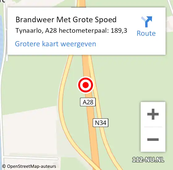 Locatie op kaart van de 112 melding: Brandweer Met Grote Spoed Naar Tynaarlo, A28 hectometerpaal: 189,3 op 8 mei 2024 07:50