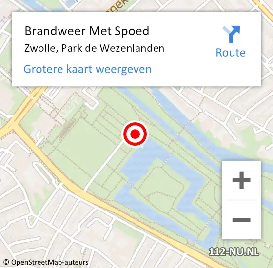 Locatie op kaart van de 112 melding: Brandweer Met Spoed Naar Zwolle, Park de Wezenlanden op 8 mei 2024 08:01