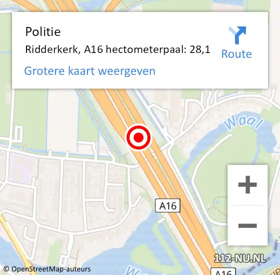 Locatie op kaart van de 112 melding: Politie Ridderkerk, A16 hectometerpaal: 28,1 op 8 mei 2024 08:20