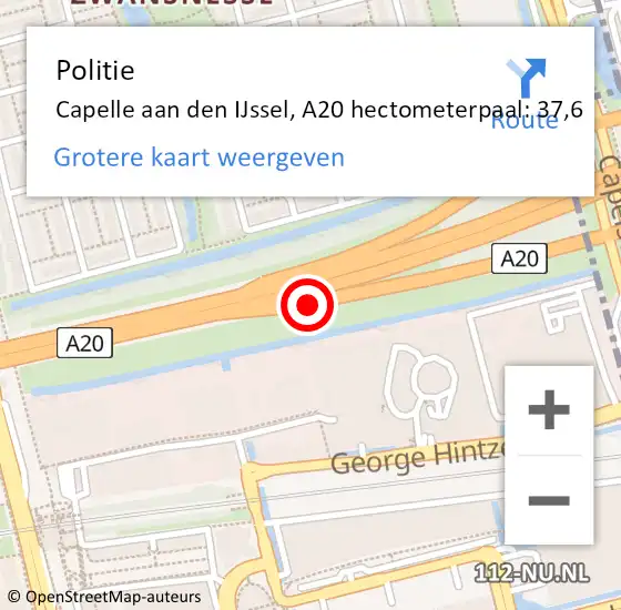 Locatie op kaart van de 112 melding: Politie Capelle aan den IJssel, A20 hectometerpaal: 37,6 op 8 mei 2024 08:32
