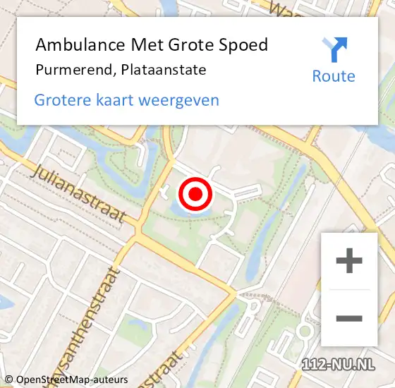 Locatie op kaart van de 112 melding: Ambulance Met Grote Spoed Naar Purmerend, Plataanstate op 8 mei 2024 09:20